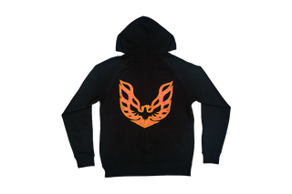 Black hoodie, back, ith orange and yellow bird design