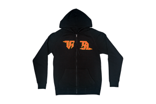 Black zip hoodie, front, with orange and yellow Vita logo across chest