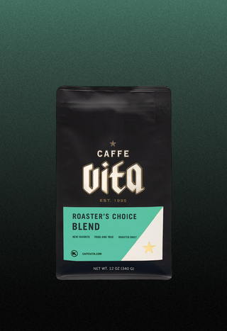 12oz bag of Roaster's Choice Blend, front, on teal and black gradient background.
