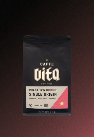 12oz bag of Roaster's Choice Single Origin, front, on pink and black gradient background.