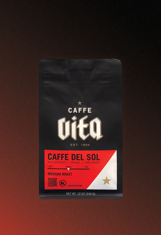 12oz bag of Caffe Del Sol, front, on red and black gradient background.