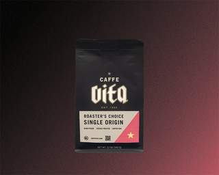 12oz bag of Roaster's Choice Single Origin, front, on pink and black gradient background.