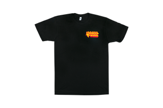 Black t-shirt, front, with orange and yellow scorpion design and Caffe Vita logo on left breast pocket