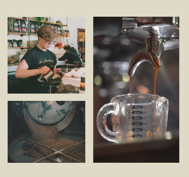 Grid of two images and one video: Barista pouring latte (image, top left), Probat roasting beans (image, bottom left), espresso being pulled into a shot glass (video, right)